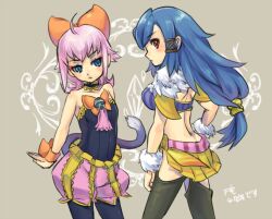  2girls animal_ears blue_eyes blue_hair clavat final_fantasy final_fantasy_crystal_chronicles midriff multiple_girls pink_hair selkie sherlotta tail 