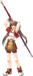  arms_up bare_legs bo_staff brown_hair cropped_jacket eiyuu_densetsu estelle_bright female full_body long_hair official_art shiina_yuu shirt shoes shorts simple_background skirt solo sora_no_kiseki staff standing tachi-e twintails white_background 