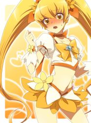  bad_id bad_pixiv_id blonde_hair blush bow brooch choker cure_sunshine female heart heart_brooch heartcatch_precure! jewelry long_hair magical_girl meimone midriff myoudouin_itsuki navel nervous orange_bow orange_choker orange_eyes orange_skirt precure skirt solo twintails wrist_cuffs yellow_background yellow_bow yellow_eyes yellow_theme 