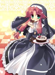  belt cake checkered_floor commentary_request dress eating eiyuu_densetsu female food gradient_background green_eyes habit highres izumi_makoto long_hair low-tied_sidelocks nun red_background red_hair ries_argent sidelocks solo sora_no_kiseki veil yellow_background 