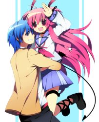  1boy angel_beats! blue_hair boots commentary_request couple female hinata_hideki jumping long_hair oerba_yun_fang photoshop_(medium) pink_hair purple_eyes red_eyes school_uniform serafuku shinda_sekai_sensen_uniform silver_hair soranagi straight two_side_up yui_(angel_beats!) 