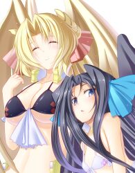  2girls angel_wings bikini black_hair black_wings blonde_hair bow breasts closed_eyes commentary_request flat_chest hairbow kyoukaisenjou_no_horizon large_breasts long_hair malga_naruze margot_knight multiple_girls photoshop_(medium) smile swimsuit takanashi-a underboob wings 