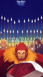  4boys armor army bad_id bad_pixiv_id beard black_hair blonde_hair cape chisa_sa dark-skinned_male dark_skin eumenes_(fate) facial_hair fate/zero fate_(series) highres ionioi_hetairoi_(fate) iskandar_(fate) long_hair male_focus moustache multiple_boys photoshop_(medium) polearm red_eyes red_hair sideburns spear sword turban weapon 