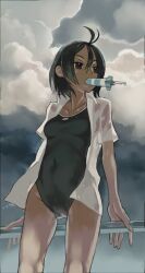  antenna_hair black_eyes black_hair cloud copyright_request eating female food mouth_hold one-piece_swimsuit popsicle school_swimsuit short_hair solo swimsuit swimsuit_under_clothes wet zaimoku_okiba 