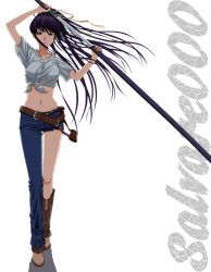  alternate_breast_size asymmetrical_clothes asymmetrical_legwear bad_id bad_pixiv_id belt black_hair blue_pants boots breasts brown_belt brown_footwear cowboy_boots crop_top denim female fringe_trim hair_ribbon highres holding holding_sword holding_weapon jeans kanzaki_kaori katana long_hair medium_breasts midriff navel ootachi pants ponytail ribbon scabbard sheath sheathed shichiten_shichitou shio_senshi single_pantsleg solo stomach sword toaru_majutsu_no_index unsheathing very_long_hair weapon 