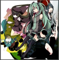  148 5girls armpits bad_id bad_pixiv_id closed_eyes detached_sleeves gloves hat hatsune_miku headset long_hair matryoshka_(vocaloid) multiple_girls multiple_persona necktie open_mouth peaked_cap petals pointing senbonzakura_(vocaloid) shinkai_shoujo_(vocaloid) skirt smile songover the_beast_(vocaloid) thighhighs twintails very_long_hair vocaloid 