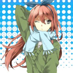  commentary_request female grey_eyes hair_ribbon inazuma_eleven_(series) inazuma_eleven_go long_hair one_eye_closed red_hair ribbon scarf seto_midori solo wonoco0916 