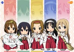  5girls :o akiyama_mio bell black_eyes black_hair blonde_hair blue_eyes broom brown_eyes brown_hair chibi chihaya_(clothing) commentary_request ema gohei hairband hakama hakama_skirt hirabitai hirasawa_yui japanese_clothes jingle_bell k-on! kagura_suzu kotobuki_tsumugi long_hair miko multiple_girls nakano_azusa omikuji photoshop_(medium) red_hakama ryunnu saishi short_hair skirt tabi tainaka_ritsu tiara twintails 