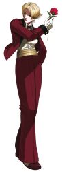  bell-bottoms blonde_hair breasts cuff_links earrings falcoon female flower formal gloves jewelry king_(snk) lipstick makeup medium_breasts official_art pant_suit pants rose ryuuko_no_ken sash shirt solo suit the_king_of_fighters the_king_of_fighters_2003 wrist_cuffs 