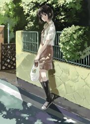  bag black_hair bob_cut brown_eyes commentary_request dappled_sunlight female kneehighs original outdoors plastic_bag school_uniform shade shoes short_hair skirt sneakers socks solo standing sunlight tossam 