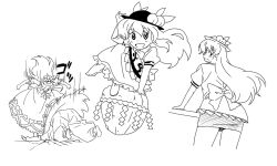  3girls angry bad_id bad_pixiv_id blush broken_ground chibi faceplant fujiwara_no_mokou greyscale hat hinanawi_tenshi ikuya_koimori kamishirasawa_keine keystone kicking long_hair looking_back miniskirt monochrome multiple_girls no_eyes rock sitting sitting_on_rock skirt smile speed_lines touhou 