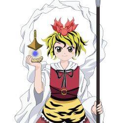  animal_print animated animated b-ginga bad_link bishamonten&#039;s_pagoda black_hair blonde_hair blush_stickers female hair_ornament head_tilt lowres multicolored_hair polearm short_hair solo spear standing tiger_print toramaru_shou touhou two-tone_hair weapon yellow_eyes 