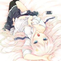  blonde_hair blue_eyes cellphone commentary_request female flower gradient_hair hair_flower hair_ornament kisei_kanojo_sana long_hair luna_lia lying multicolored_hair official_art on_back open_mouth phone pink_hair sana_(kisei_kanojo_sana) skirt smartphone solo thighhighs upside-down 