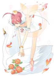  ahiru_(princess_tutu) ahoge bad_id bad_pixiv_id ballerina ballet_slippers bird bracelet closed_eyes cross-laced_footwear female flower footwear_ribbon highres jewelry multicolored_hair necklace petals photoshop_(medium) princess_tutu princess_tutu_(character) rose short_hair solo swan tutu tuuuh two-tone_hair white_background 