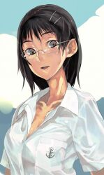  black_hair breasts cleavage collarbone copyright_request female glasses hair_ornament hairclip medium_breasts no_bra open_mouth ringed_eyes solo teeth zaimoku_okiba 