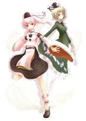  2girls bad_id bad_pixiv_id dress ghost ghost_tail green_dress green_eyes green_hair grey_eyes hat hat_ribbon japanese_clothes kariginu kokotetsu mononobe_no_futo multiple_girls open_mouth pink_hair ponytail ribbon shirt skirt smile soga_no_tojiko touhou 