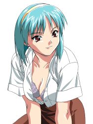  blue_hair bra breasts female hairband highres koizumi_hitomi light_blue_hair light_smile lingerie medium_breasts open_clothes open_shirt photoshop_(medium) red_eyes shirt short_sleeves simple_background smile solo unbuttoned unbuttoned_shirt underwear white_shirt yamada_masaki zenkoku_seifuku_bishoujo_grand_prix 