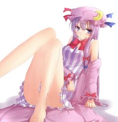  bare_legs bare_shoulders barefoot bow bowtie commentary_request crescent feet female hat long_hair off_shoulder patchouli_knowledge purple_eyes purple_hair ram_hachimin sitting smile solo touhou 