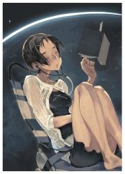  book chair closed_eyes copyright_request earphones female floating floating_book floating_object hair_ornament hairclip highres knees_up moon open_book seatbelt short_hair sitting solo space star_(sky) zaimoku_okiba zero_gravity 