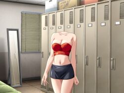  bare_shoulders box breasts ceiling cleavage collarbone cowboy_shot crop_top ecchi_na_bunny-san_wa_kirai? ecchi_na_bunny-san_wa_kirai?_2 female game_cg headless indoors kasuga_madoka locker locker_room medium_breasts midriff miniskirt mirror navel pencil_skirt school sideboob skirt solo standing strapless third-party_edit tile_ceiling tile_floor tiles tube_top window_blinds yamane_masahiro 