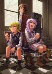  3girls asymmetrical_hair bad_id bad_pixiv_id bench black_legwear blonde_hair blue_eyes boots brown_hair case checkered_floor cigarette cup dress hat holding instrument keyboard_(instrument) kneehighs kurione_(zassou) lace lace-trimmed_skirt lace_trim light_purple_hair long_sleeves looking_back looking_up lunasa_prismriver lyrica_prismriver merlin_prismriver multiple_girls open_mouth shoes short_hair sitting skirt skirt_set smoke smoking socks sticker tied_hair touhou tree unworn_hat unworn_headwear violin window yellow_eyes 