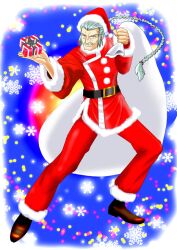  braid commentary_request facial_hair female g_gundam gift gundam hat luna_rune master_asia moustache photoshop_(medium) sack santa_costume santa_hat single_braid snowflakes solo 