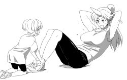  2girls all_fours alternate_hairstyle armpits arms_behind_head bad_id bad_pixiv_id bike_shorts breasts exercising greyscale hands_on_feet horns hoshiguma_yuugi ikuya_koimori kisume large_breasts lolicon monochrome multiple_girls open_mouth ponytail shirt shoes single_horn sit-up smile sneakers sweat t-shirt tank_top touhou twintails 