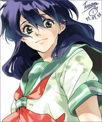  black_hair commentary_request dated female green_eyes higurashi_kagome inuyasha long_hair looking_down school_uniform serafuku short_sleeves signature smile solo tossam 