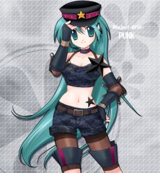  aqua_eyes aqua_hair fishnet fishnets hat hatsune_miku headset long_hair midriff project_diva project_diva_(series) vocaloid 