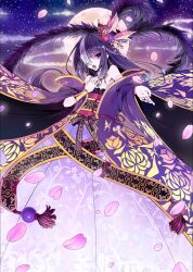  bad_id bad_pixiv_id crown earrings feathers female full_moon hair_over_one_eye hakama hakama_skirt halterneck japanese_clothes jewelry kimono long_hair moon multicolored_hair original petals print_hakama print_kimono purple_background purple_hair purple_theme ramuya_(lamb) red_eyes skirt solo two-tone_hair white_hair wrist_cuffs 