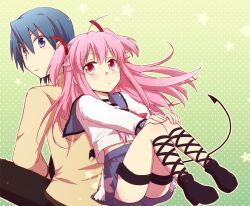  1boy angel_beats! ankle_lace-up back-to-back blue_eyes blue_hair commentary_request cross-laced_footwear demon_tail female hinata_hideki kousetsu long_hair pink_eyes pink_hair school_uniform serafuku shinda_sekai_sensen_uniform short_hair tail two_side_up yui_(angel_beats!) 