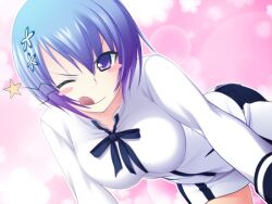  blue_hair female kawagishi_keitarou kawakami_academy_school_uniform leaning maji_de_watashi_ni_koi_shinasai! one_eye_closed purple_eyes school_uniform shiina_miyako solo 