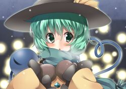  bad_id bad_pixiv_id breath brown_mittens eyeball female green_eyes green_hair hat komeiji_koishi mittens open_mouth scarf short_hair solo supershiruco third_eye touhou 