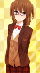  arms_behind_back blazer blue_eyes brown_hair cardigan commentary_request female glasses highres jacket laco_soregashi original photoshop_(medium) plaid plaid_skirt pleated_skirt school_uniform skirt smile solo two_side_up 