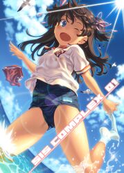  ;d bird blue_eyes blue_sky brown_hair cloud commentary_request day dutch_angle female gym_shorts gym_uniform hair_ribbon long_hair ocean one_eye_closed open_mouth original painttool_sai_(medium) pairan ribbon school_swimsuit seagull shirt shorts sky smile sock_pull socks solo splashing sun swimsuit swimsuit_under_clothes two_side_up undressing unworn_shorts wading white_socks 