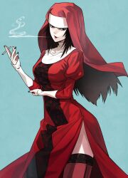  black_hair cigarette commentary_request female goutokuji_rikako hokenshitsu_no_shinigami lace lace-trimmed_legwear lace_trim long_hair nun pale_skin red_thighhighs shimotsuki_eight side_slit simple_background smoking solo thighhighs 