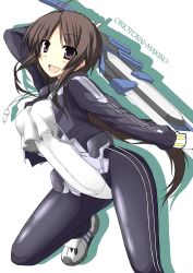  absurdres antenna_hair arm_behind_head arm_up bodysuit breasts brown_hair character_name commentary_request double_vertical_stripe female gloves highres jewelry kyoukaisenjou_no_horizon long_hair medium_breasts necklace open_mouth oriotorai_makiko pantyhose photoshop_(medium) pilot_suit purple_eyes shoes sidelocks simple_background smile sneakers solo sword tozuka_natsuru weapon white_background 