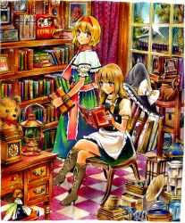  2girls alice_margatroid apron bellows_camera blonde_hair blue_dress book bookshelf boots box braid building buttons camera can capelet chains chair checkered_floor clock commentary_request cross-laced_footwear crossed_legs cupboard curtains daruma_doll desk doll dress frills globe hair_ribbon hairband hat hat_ribbon high_heels highres holding kerosene_lamp kirisame_marisa lace lantern loaded_interior looking_back multiple_girls nobita_(makoto7060355) open_mouth paper_lantern phonograph pot projector puffy_sleeves reading ribbon room sash sewing_machine shanghai_doll shoes short_hair side_braid single_braid sitting smile standing stuffed_animal stuffed_toy teddy_bear thread touhou traditional_media tree unworn_hat unworn_headwear vase waist_apron window witch_hat wristband yellow_eyes 