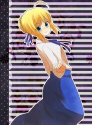  ahoge artoria_pendragon_(fate) bad_id bad_pixiv_id blonde_hair blue_eyes buranko casual dress fate/stay_night fate_(series) female hair_ribbon ribbon saber_(fate) solo 