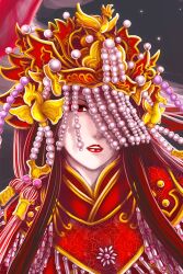  antaria beads bride character_request chinese_clothes chinese_commentary commentary_request eyelashes eyeshadow female fengguan gem hair_ornament jewelry lips looking_at_viewer makeup one_eye_covered parted_lips pearl_(gemstone) pili_budaixi red_eyes red_lips solo upper_body 