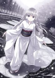  commentary_request day dutch_angle female full_body grey_background grey_eyes grey_theme hime_cut ice japanese_clothes kimono light_smile long_hair original outdoors sandals sleeves_past_wrists snow snowing solo standing tabi tree water white_hair white_kimono white_theme winter winter_clothes yakka yuki_onna zouri 