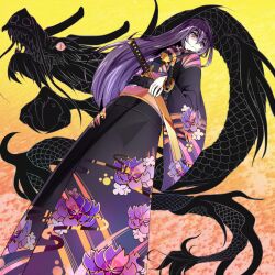  bad_id bad_pixiv_id black_kimono dragon eastern_dragon female from_below gradient_background japanese_clothes katana kimono long_hair orange_background original print_kimono purple_eyes purple_hair ramuya_(lamb) serious slit_pupils solo sword weapon yellow_background 