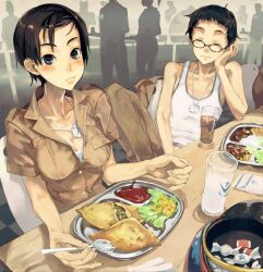  1boy blush breasts candy chair cleavage closed_eyes copyright_request cup dog_tags eating female food glasses head_rest ketchup large_breasts salad short_hair sitting spork table tray zaimoku_okiba 