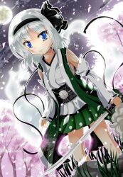  adapted_costume alternate_costume bad_id bad_pixiv_id black_hairband blue_eyes cherry_blossoms detached_sleeves dutch_angle female grass grey_hair hair_ribbon hairband highres hitodama japanese_clothes konpaku_youmu konpaku_youmu_(ghost) mayuzumi_makiha night petals pleated_skirt ribbon rock short_hair skirt solo sword touhou tree weapon 