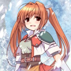  belt blue_background brown_eyes brown_hair commentary_request cropped_jacket eiyuu_densetsu estelle_bright female hair_intakes long_hair patoto smile solo sora_no_kiseki twintails 