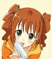  bad_id bad_pixiv_id brown_hair female fingernails food green_eyes hands head_tilt hood hoodie idolmaster idolmaster_(classic) licking long_hair looking_at_viewer natsupa popsicle sexually_suggestive solo takatsuki_yayoi tongue twintails 