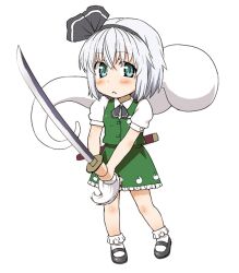  :&lt; aru_ra_une black_hairband blush_stickers bobby_socks commentary_request female green_eyes grey_hair hair_ribbon hairband katana konpaku_youmu konpaku_youmu_(ghost) mary_janes photoshop_(medium) ribbon scabbard sheath shoes short_hair skirt socks solo sword touhou weapon 