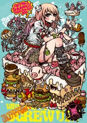  blue_eyes boned_meat boots burger cake commentary_request decora doughnut female food fork french_fries highres jewelry knee_boots lock meat mouth_hold original padlock photoshop_(medium) pig pink_hair project.c.k. skull solo tattoo 