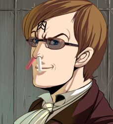  1boy blue_eyes brown_hair bust chalk facial_mark forehead_mark glasses male male_focus masao muska smirk solo studio_ghibli tenkuu_no_shiro_laputa up_nose upper_body 