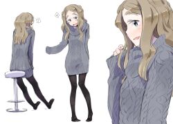  ? blue_eyes brown_hair chibikko_(morihito) commentary_request dress eighth_note female long_hair morihito multiple_views musical_note original pantyhose simple_background sleeves_past_wrists smile speech_bubble spoken_musical_note spoken_question_mark sweater sweater_dress thick_eyebrows white_background 